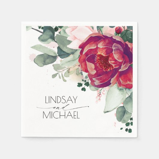 Bourgogne Rood en Blush Bloemen Elegant Servet (Voorkant)