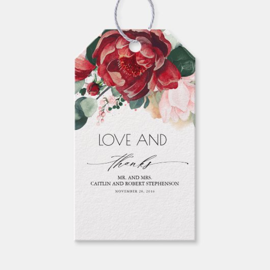 Bourgogne Rood en Blush Roze Bloemen Levendig Cadeaulabel (Voorkant)