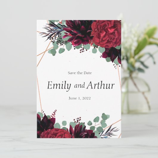 Bourgogne rood en brons set 9 Save the Date Kaart (Staand voorkant)