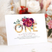 Bourgogne Rood en Goud Bloemen 1e Verjaardag Kaart