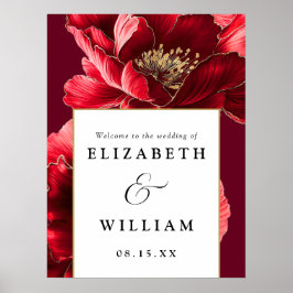 Bourgogne Rood en Goud Bloemen Huwelijk Welkom Tek Poster