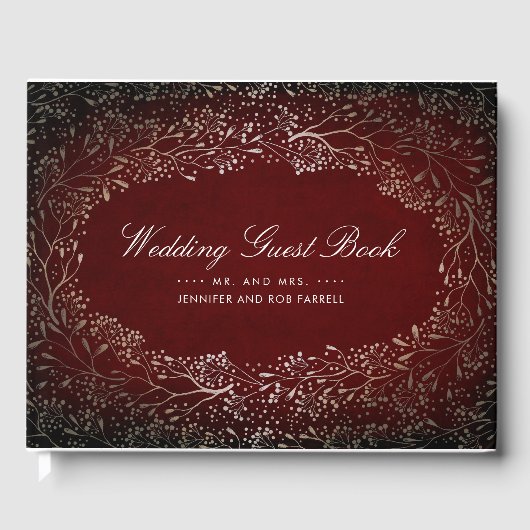 Bourgogne Rood en Goud Bloemen Vintage Bruiloft Gastenboek (Voorkant)