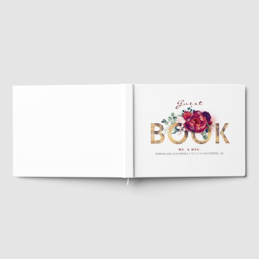 Bourgogne rood en goud bloemenbruiloft gastenboek (Volledig)