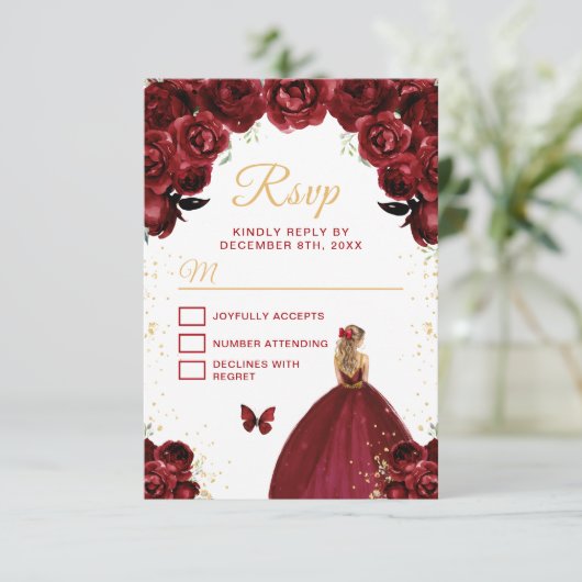 Bourgogne Rood en Goud Blond Haar Prinses RSVP Kaartje (Staand voorkant)
