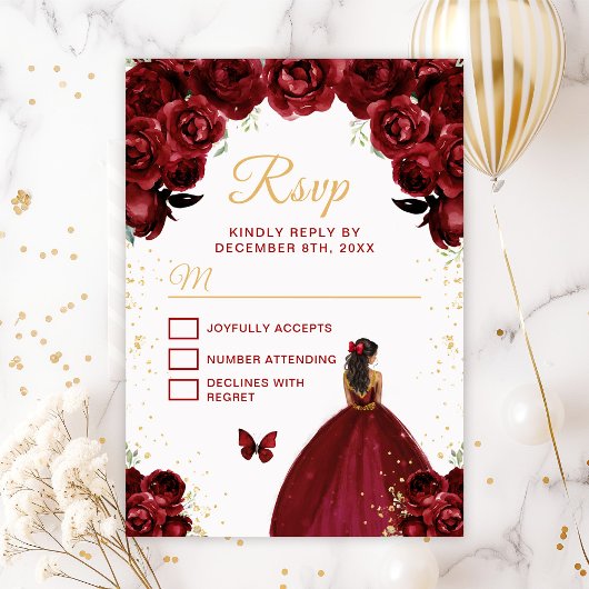 Bourgogne Rood en Goud Donkere Huid Prinses RSVP Kaartje