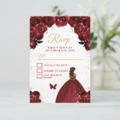 Bourgogne Rood en Goud Donkere Huid Prinses RSVP Kaartje (Staand voorkant)