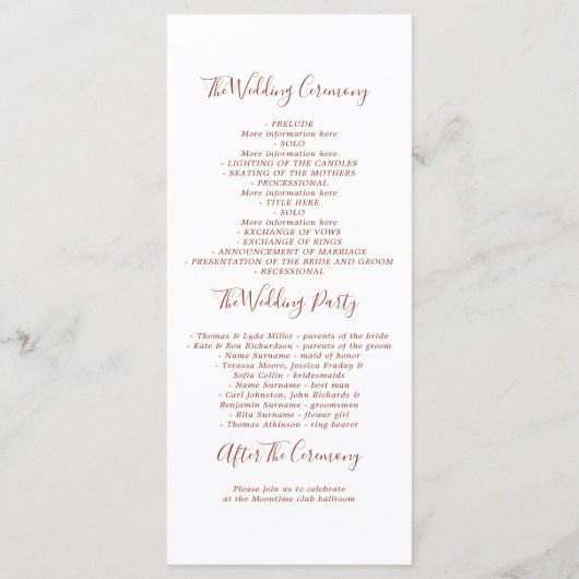 Bourgogne Rood en Goud Elegante Trouwprogramma's Programmakaart (Achterkant)