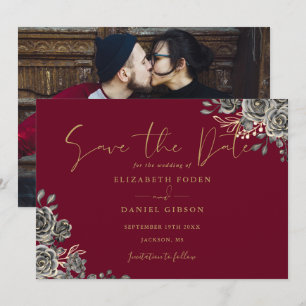 Bourgogne Rood en Goud Gotische Bloemen Foto Huwel Save The Date