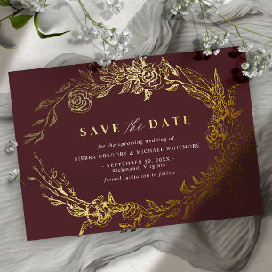Bourgogne rood en goud   Luxe Floral Save the Date Folie Uitnodiging