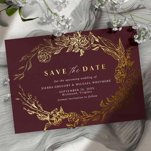 Bourgogne rood en goud | Luxe Floral Save the Date Folie Uitnodiging