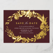 Bourgogne rood en goud | Luxe Floral Save the Date Folie Uitnodiging (Voorkant)