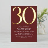 Bourgogne rood en goud | Luxe Maroon 30e verjaarda Folie Uitnodiging (Staand Voorkant)