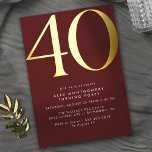 Bourgogne rood en goud | Modern Luxe 40ste verjaar Folie Uitnodiging<br><div class="desc">Moderne minimal style 40e verjaardagsuitnodigingen met kop "40" tekst in echte metallic folie. Uw evenementgegevens worden in mat wit afgedrukt. Gouden accenten op een donkerrode achtergrond.</div>