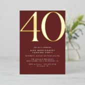 Bourgogne rood en goud | Modern Luxe 40ste verjaar Folie Uitnodiging (Staand Voorkant)