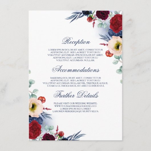 Bourgogne rood en marine blauw bruiloft informatie informatiekaartje (Voorkant)