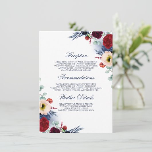 Bourgogne rood en marine blauw bruiloft informatie informatiekaartje (Staand voorkant)