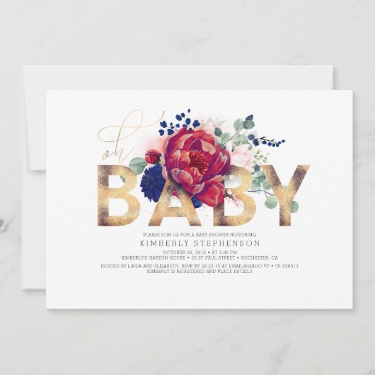 Bourgogne Rood en Navy Blauw Bloemen Baby shower Kaart (Voorkant)