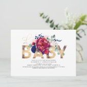Bourgogne Rood en Navy Blauw Bloemen Baby shower Kaart (Staand voorkant)
