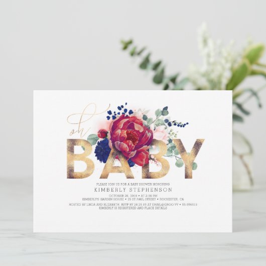Bourgogne Rood en Navy Blauw Bloemen Baby shower Kaart (Staand voorkant)