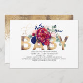 Bourgogne Rood en Navy Blauw Bloemen Baby shower Kaart (Voorkant / Achterkant)