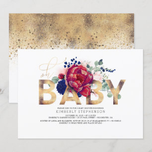 Bourgogne Rood en Navy Blauw Bloemen Baby shower Kaart