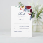 Bourgogne Rood en Navy Blauw Bloemenbruiloft RSVP (Staand voorkant)