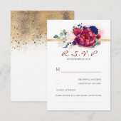 Bourgogne Rood en Navy Blauw Bloemenbruiloft RSVP (Voorkant / Achterkant)