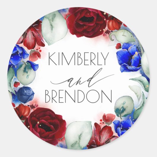 Bourgogne Rood en Navy Blauw Bloemenkrans Boho Chi Ronde Sticker (Voorkant)