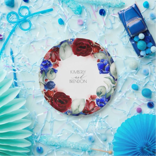 Bourgogne Rood en Navy Blauw Bloemenkrans Bruiloft Papieren Bordje (Feest)