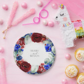 Bourgogne Rood en Navy Blauw Bloemenkrans Bruiloft Papieren Bordje (Feest)