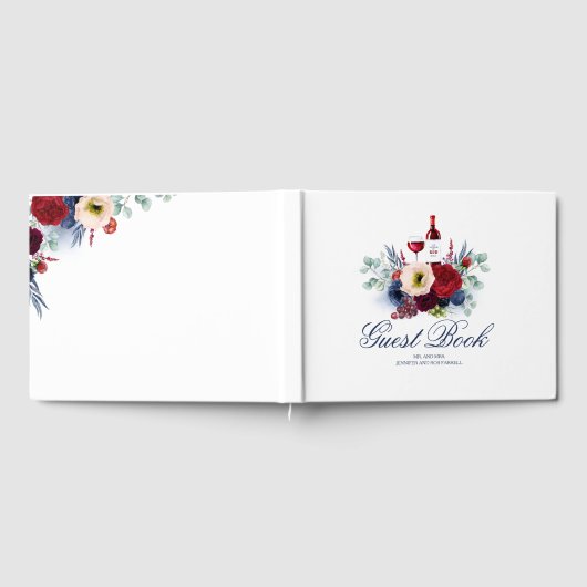 Bourgogne Rood En Navy Blauw Bloemenwijn Bruiloft Gastenboek (Volledig)