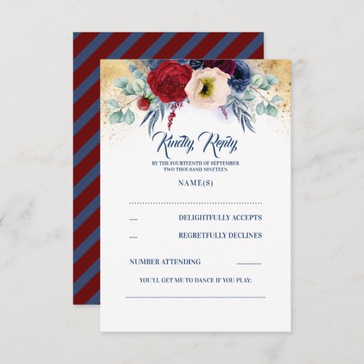 Bourgogne Rood en Navy Blauw Nautische Bruiloft RS RSVP Kaartje (Voorkant / Achterkant)