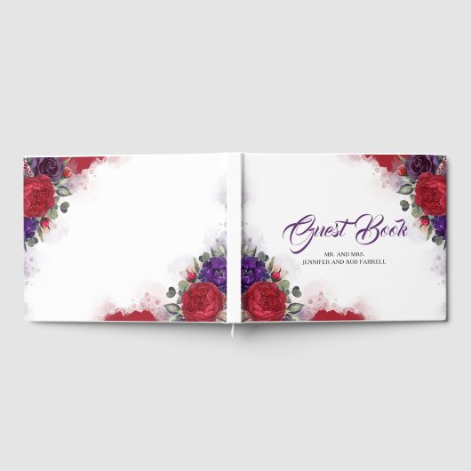 Bourgogne rood en pruim Paarse bloemenbruiloft Gastenboek (Volledig)