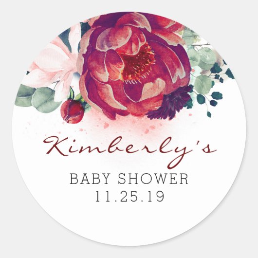 Bourgogne Rood en Roze Bloemen Baby shower Ronde Sticker (Voorkant)