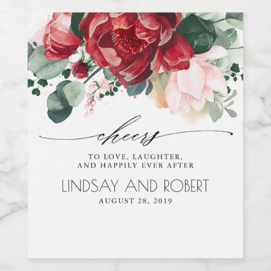 Bourgogne Rood en Roze Bloemen Boho Wijn Etiket (Enkel label)