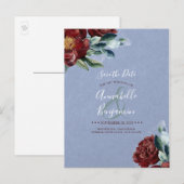 Bourgogne Rood en Stoffig Blauw Bloemen Save the D Aankondigingskaart (Voorkant / Achterkant)