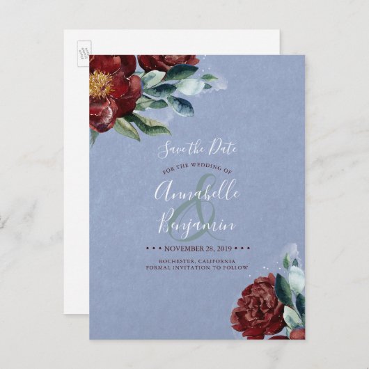 Bourgogne Rood en Stoffig Blauw Bloemen Save the D Aankondigingskaart (Voorkant / Achterkant)