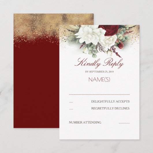 Bourgogne Rood en Wit Bloemen Bruiloft RSVP Kaartje (Voorkant / Achterkant)