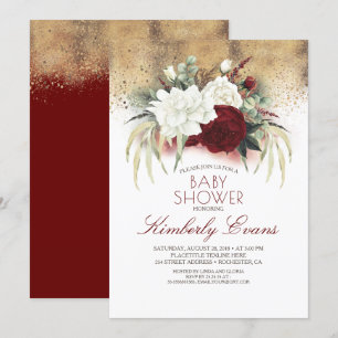 Bourgogne Rood en Wit Bloemen Elegant Baby shower Kaart