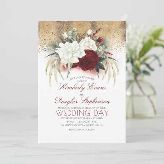 Bourgogne Rood en Wit Bloemen Elegante Bruiloft Kaart (Staand voorkant)