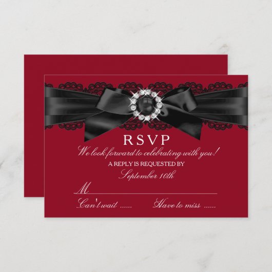 Bourgogne rood en zwart kant & Pearl Bow RSVP (Voorkant / Achterkant)