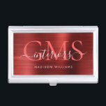 Bourgogne Rood Geborsteld Metaal 3 Monogram Script Visitekaarthouder<br><div class="desc">Moderne Elegante Bourgogne Rood Geborsteld Metalen Monogram Script Business Card Case</div>