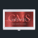 Bourgogne Rood Geborsteld Metaal 3 Monogram Script Visitekaarthouder<br><div class="desc">Moderne Elegante Bourgogne Rood Geborsteld Metalen Monogram Script Business Card Case</div>