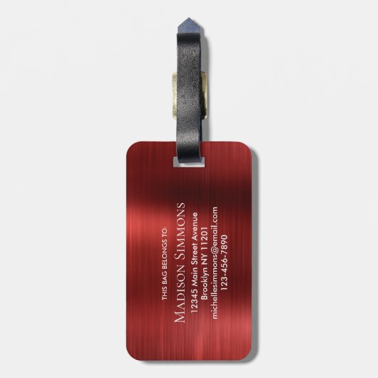 Bourgogne Rood Geborsteld Staal Metalen Script Mon Bagagelabel (Achterkant verticaal)