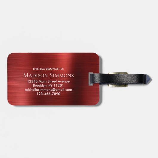 Bourgogne Rood Geborsteld Staal Metalen Script Mon Bagagelabel (Achterkant horizontaal)