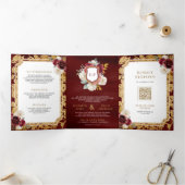 Bourgogne Rood Goud Bloemen Alles in één Kreeft Hu Drieluik Uitnodiging (Binnen)