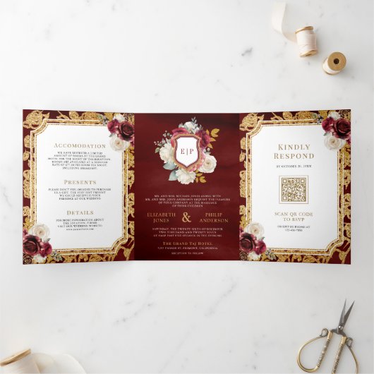 Bourgogne Rood Goud Bloemen Alles in één Kreeft Hu Drieluik Uitnodiging (Binnen)