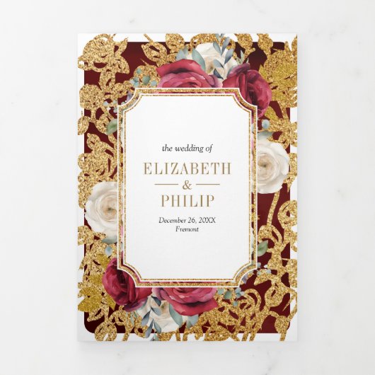 Bourgogne Rood Goud Bloemen Alles in één Kreeft Hu Drieluik Uitnodiging (Cover)