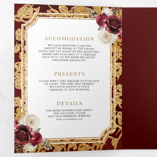 Bourgogne Rood Goud Bloemen Alles in één Kreeft Hu Drieluik Uitnodiging (Binnenzijde eerst)
