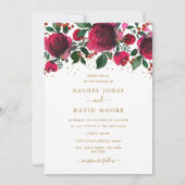 Bourgogne Rood Goud Bloemen Huwelijksuitnodiging Kaart (Voorkant)